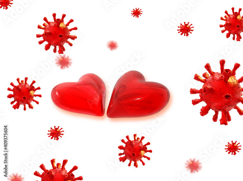 hearts virus coronavirus covid  covid-19   couple of  red  hearts 2 valentines day february 14 isolated love  - 3d rendering photo