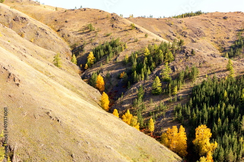 picturesque spurs of the Nurali ridge in the Ural Mountains in the Republic of Bashkortostan on an autumn day. photo