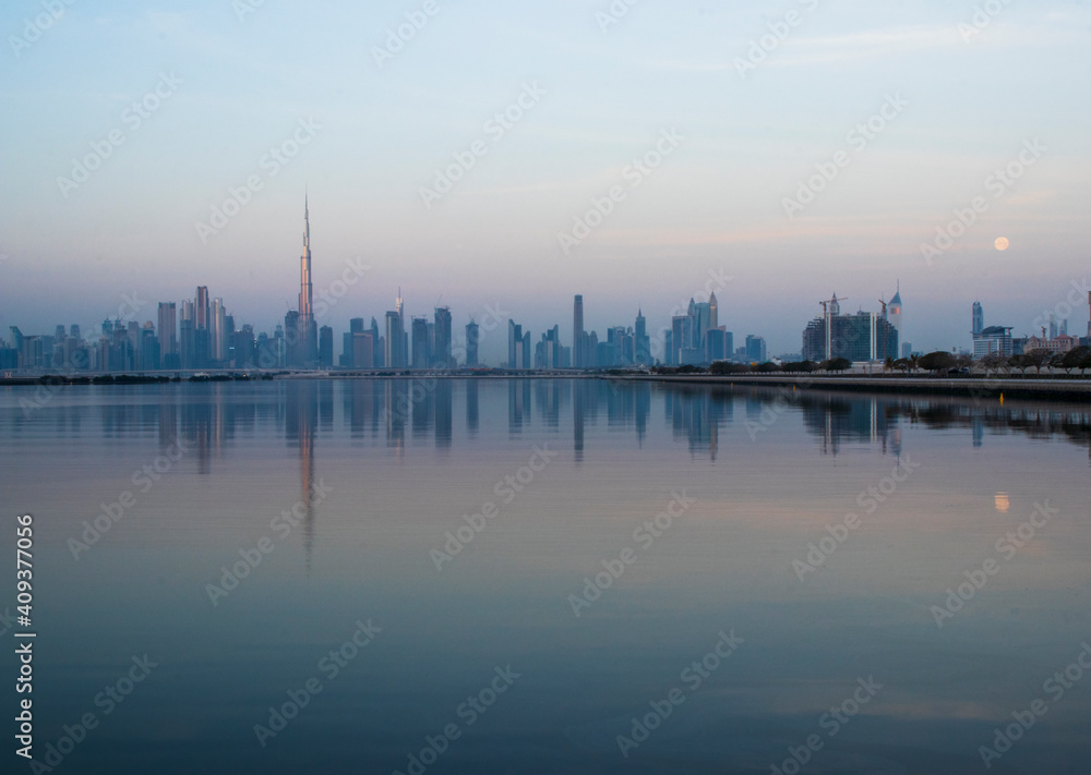 Dubai, UAE - 01.29.202 Sunrise over Dubai city skyline.Outdoors