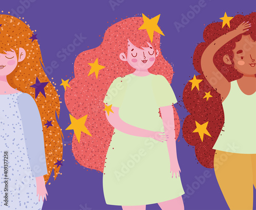 group beautiful women with long hair and stars decoration