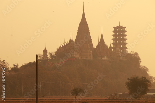 Close up Silhouette of Buddhist temple on sunrise in the morning