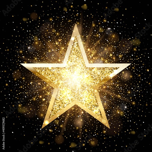 Gold glitter star with golden frame on dark background with fog. Christmas ornament shiny emblem vector illustration. Bright creative abstract decoration element for celebration