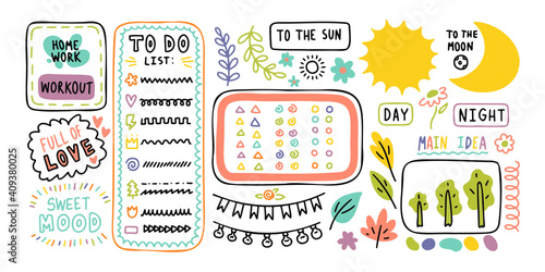 Diary elements. Hand drawn doodles bullet journal banners and elements for notebook, diary and planner. Frames, borders, vignettes, dividers outline collection.