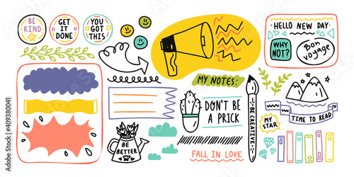 Diary elements. Hand drawn doodles bullet journal banners and elements for notebook, diary and planner. Frames, borders, vignettes, dividers outline collection.