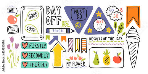 Diary elements. Hand drawn doodles bullet journal banners and elements for notebook, diary and planner. Frames, borders, vignettes, dividers outline collection.