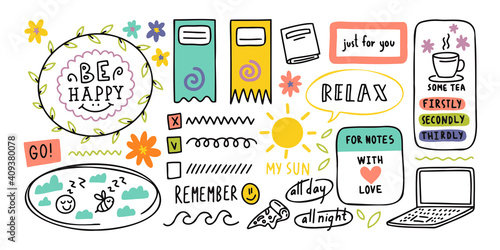 Diary elements. Hand drawn doodles bullet journal banners and elements for notebook, diary and planner. Frames, borders, vignettes, dividers outline collection.