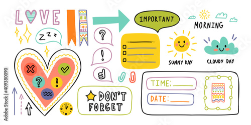 Diary elements. Hand drawn doodles bullet journal banners and elements for notebook, diary and planner. Frames, borders, vignettes, dividers outline collection.