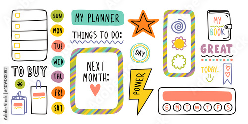 Diary elements. Hand drawn doodles bullet journal banners and elements for notebook, diary and planner. Frames, borders, vignettes, dividers outline collection.