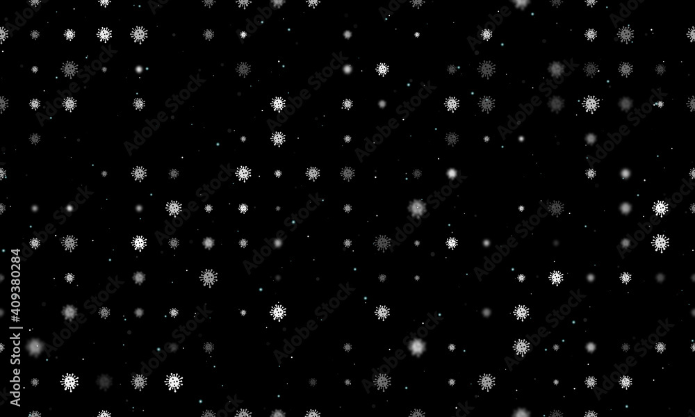 Fototapeta premium Seamless background pattern of evenly spaced white coronavirus symbols of different sizes and opacity. Vector illustration on black background with stars