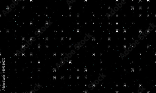 Seamless background pattern of evenly spaced white champagne toast symbols of different sizes and opacity. Vector illustration on black background with stars