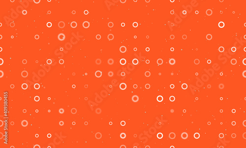 Seamless background pattern of evenly spaced white circle symbols of different sizes and opacity. Vector illustration on deep orange background with stars