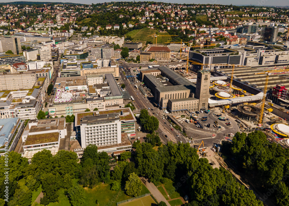 Aerial view of main train station Stuttgart on an early sunny, summer morning in Germany.