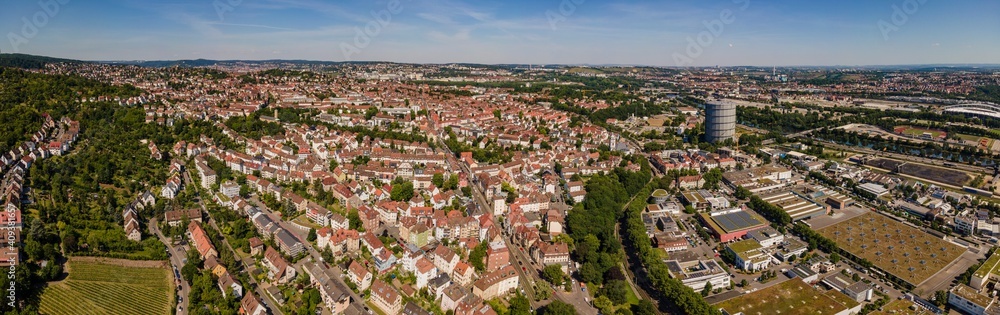 Aerial view of the east part of Stuttgart on an early sunny, summer morning in Germany.