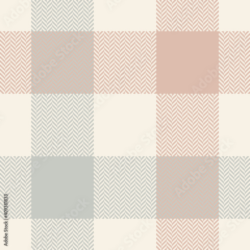 Buffalo plaid pattern in beige, grey, pink. Soft cashmere feel. Herringbone textured seamless light check graphic for flannel shirt, scarf, skirt, or other modern spring autumn winter textile print.