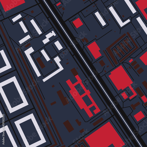 Industrial area. City map in contrasting colors (black, red, blue, white) for use as a background for magazines, books, clothes. Minimalistic abstract design. Can be used to create a pattern.