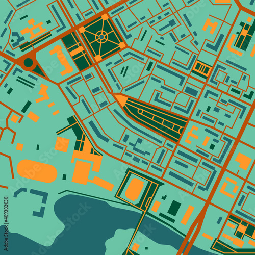 Downtown area. City map in contrasting colors (green, yellow, blue, brown) for use as a background for magazines, books, clothes. Minimalistic abstract design. Can be used to create a pattern.
