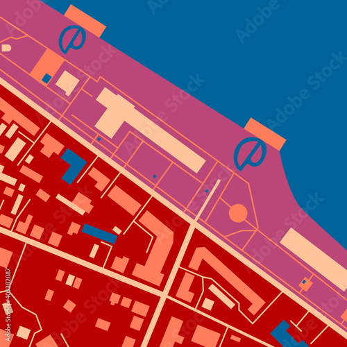 Sunset sea. City map in contrasting colors (purple, pink, blue, orange, red) for use as a background for magazines, books, clothes. Minimalistic abstract design. Can be used to create a pattern.
