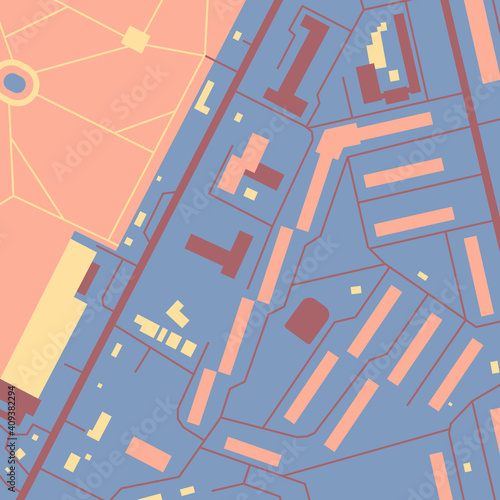 Urban dawn. City map in contrasting colors (orange, blue, brown, yellow) for use as a background for magazines, books, clothes. Minimalistic abstract design. Can be used to create a pattern.