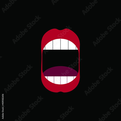Fotografie, Obraz widely open mouth with red lips and white teeth, created in flat on a black back