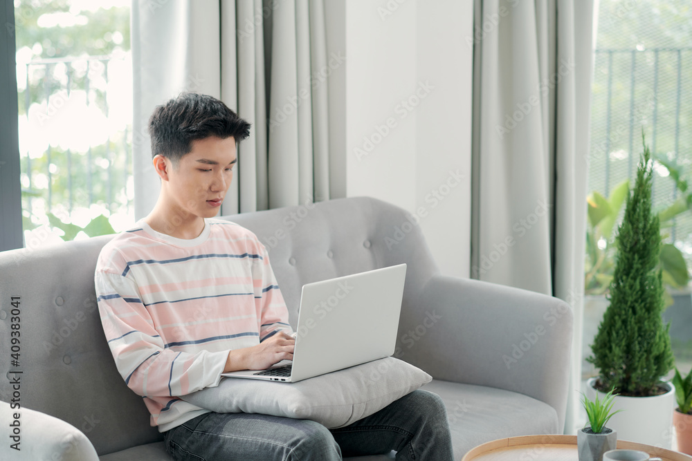 Young men use laptops to work at home in living room Young men use laptops to work at home in living room