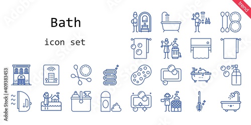 bath icon set. line icon style. bath related icons such as cleaning, sponge, shower, toilet brush, hot stones, foam, russian banya, cotton swab, bathtub, towels, towel, iron, hotel, bath, soap