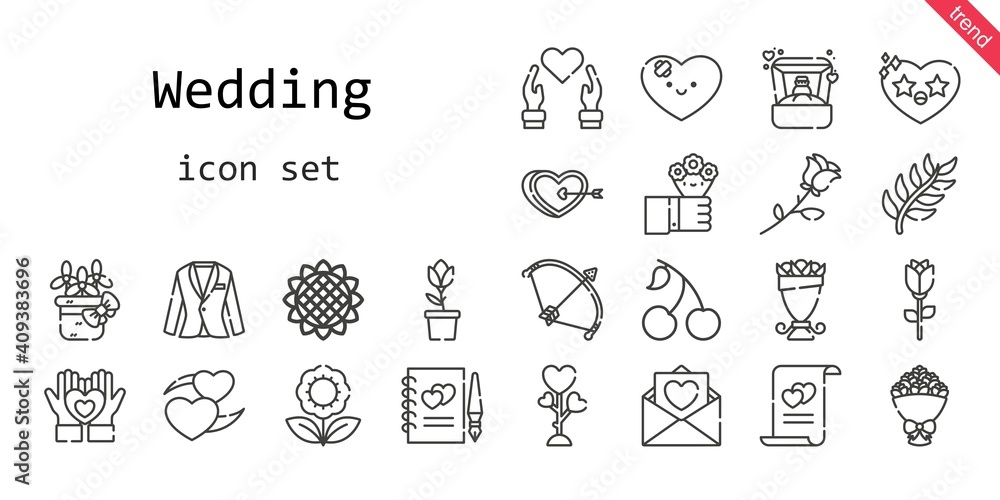 wedding icon set. line icon style. wedding related icons such as love, cherry, flowers, ring, bouquet, bow, tulip, branch, heart, sunflower, flower, guests book, marriage, love letter, rose, suit,
