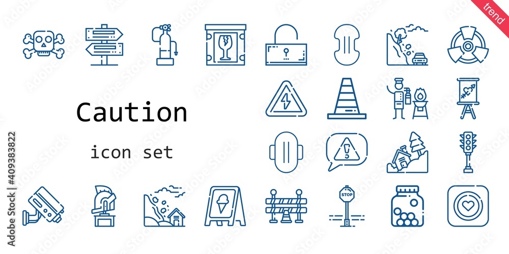 caution icon set. line icon style. caution related icons such as fire extinguisher, poison, compress, sign, traffic barrier, high voltage, stop sign, landslide, cctv, cone caution icon set. line icon style. caution related icons such as fire extinguisher, poison, compress, sign, traffic barrier, high voltage, stop sign, landslide, cctv, cone