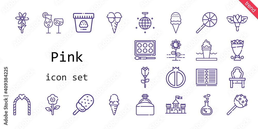 Naklejka premium pink icon set. line icon style. pink related icons such as castle, engagement ring, cocktails, bouquet, lollipop, mirror ball, cake pop, flower, love potion, dressing table, ice cream