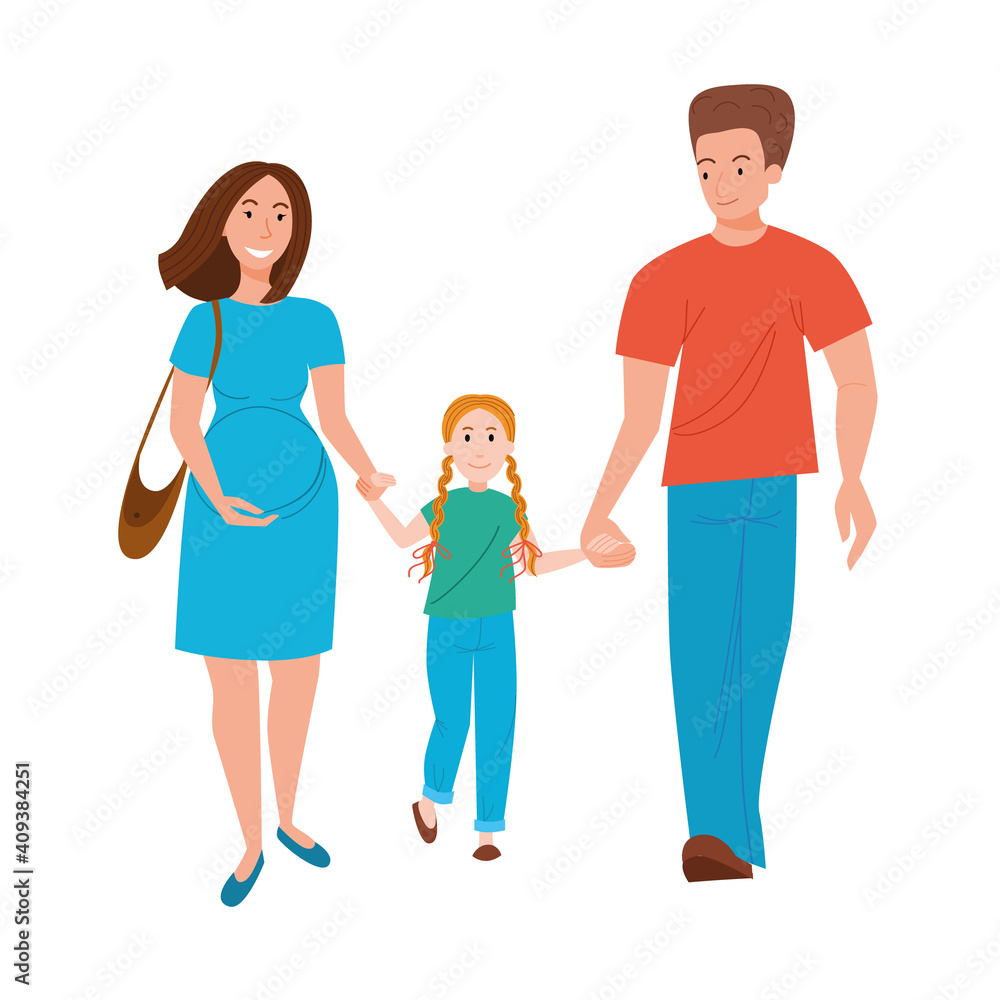 A couple of parents walk with their daughter, holding hands. A happy family walks with a child waiting for their second child. Vector illustration in a flat style.