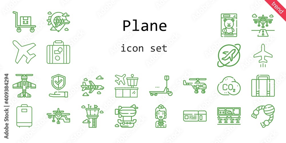 plane icon set. line icon style. plane related icons such as plane, insurance, airship, co2, runway, control tower, transportation, airport, stewardess, helicopter, luggage, airplane, duty plane icon set. line icon style. plane related icons such as plane, insurance, airship, co2, runway, control tower, transportation, airport, stewardess, helicopter, luggage, airplane, duty