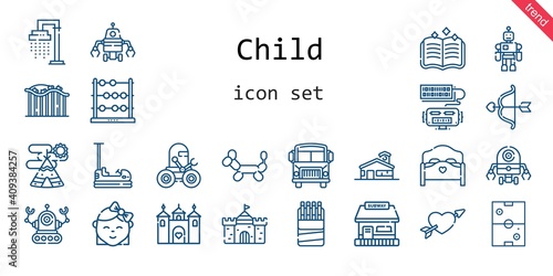 child icon set. line icon style. child related icons such as bed, shower, castle, balloon modelling, air hockey, cupid, robot, sticks, spellbook, roller coaster, school, baby, abacus, school 