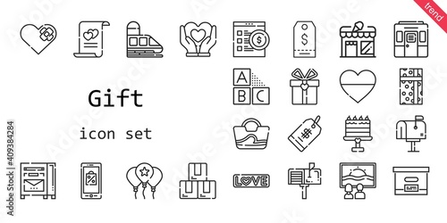 gift icon set. line icon style. gift related icons such as gift, love, balloon, canvas, bag, box, store, heart, mobile shopping, online shop, mailbox, cake, marriage, price tag, cubes, tag, train,