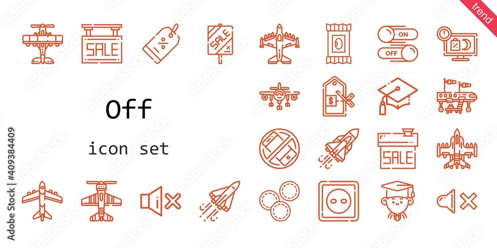 off icon set. line icon style. off related icons such as silent, sale, makeup remover wipes, graduation, price, graduate, airplane, discount, mute