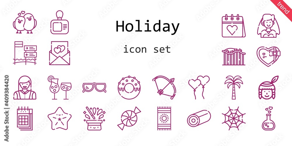holiday icon set. line icon style. holiday related icons such as gift, native american, calendar, bride, sunglasses, woman, beach towel, candy, cocktails, bow, love potion, spider web, palm 