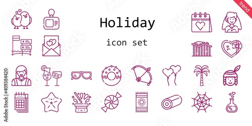 holiday icon set. line icon style. holiday related icons such as gift, native american, calendar, bride, sunglasses, woman, beach towel, candy, cocktails, bow, love potion, spider web, palm 