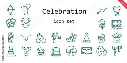celebration icon set. line icon style. celebration related icons such as gift, cake slice, shower, cherry, confetti, cards, cookie, mummy, cow, lollipop, necklace, cone, cupid, help
