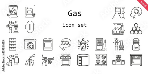 gas icon set. line icon style. gas related icons such as factory, chimney, water tank, oven, sprayer, compress, fuel, co2, heater, industry, gas station, pollution, ozone, engine, industry tank