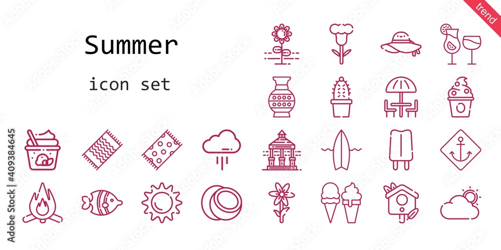 summer icon set. line icon style. summer related icons such as veranda, beach towel, surfboard, umbrella, cocktails, vase, sun, popsicle, frozen yogurt, coconut, flower, cloud, ice cream summer icon set. line icon style. summer related icons such as veranda, beach towel, surfboard, umbrella, cocktails, vase, sun, popsicle, frozen yogurt, coconut, flower, cloud, ice cream