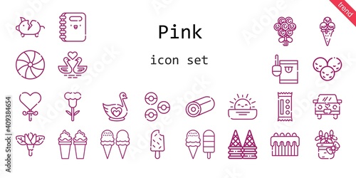 pink icon set. line icon style. pink related icons such as candy, piggy bank, donuts, swan, bouquet, lollipop, popsicle, swans, flower, wedding car, ice cream, cake, sunset, sweet, notebook,