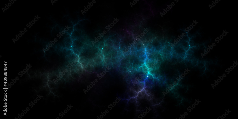 Universe filled with stars, nebula and galaxy. Panoramic abstract fractal wallpaper of colorful cosmos with stardust. 3D rendering starry night background. Digital fractal art.