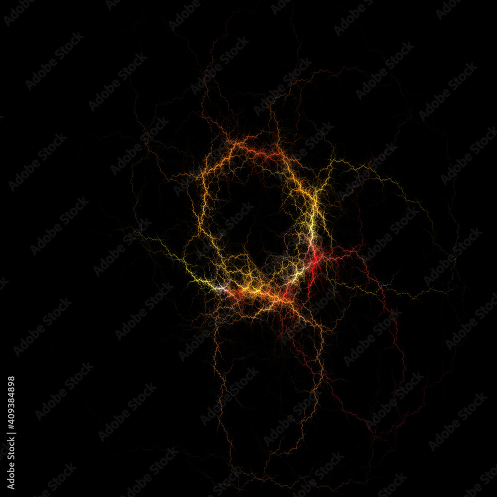 Electric octagone, lightning circle strike impact place, plasma sphere isolated on dark background. Powerful electrical discharge, magical energy flash. Sparkle fractal illustration.