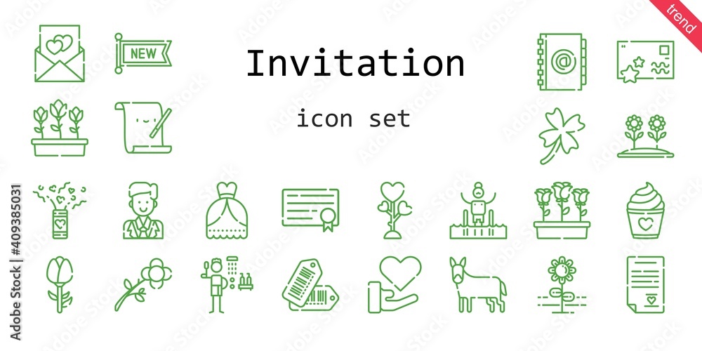 invitation icon set. line icon style. invitation related icons such as love, shower, new, parchment, wedding dress, flowers, confetti, groom, pool, donkey, clover, agenda, flower, tags