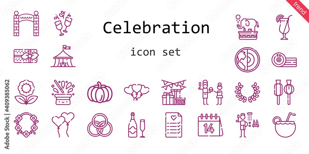 celebration icon set. line icon style. celebration related icons such as gift, laurel, shower, balloons, father, lollipop, necklace, flower, wedding planning, rings, cocktail, earth,