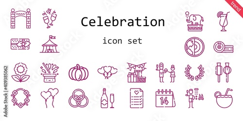 celebration icon set. line icon style. celebration related icons such as gift, laurel, shower, balloons, father, lollipop, necklace, flower, wedding planning, rings, cocktail, earth,