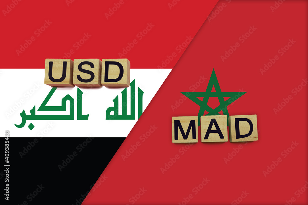 Fototapeta premium Iraq and Morocco currencies codes on national flags background