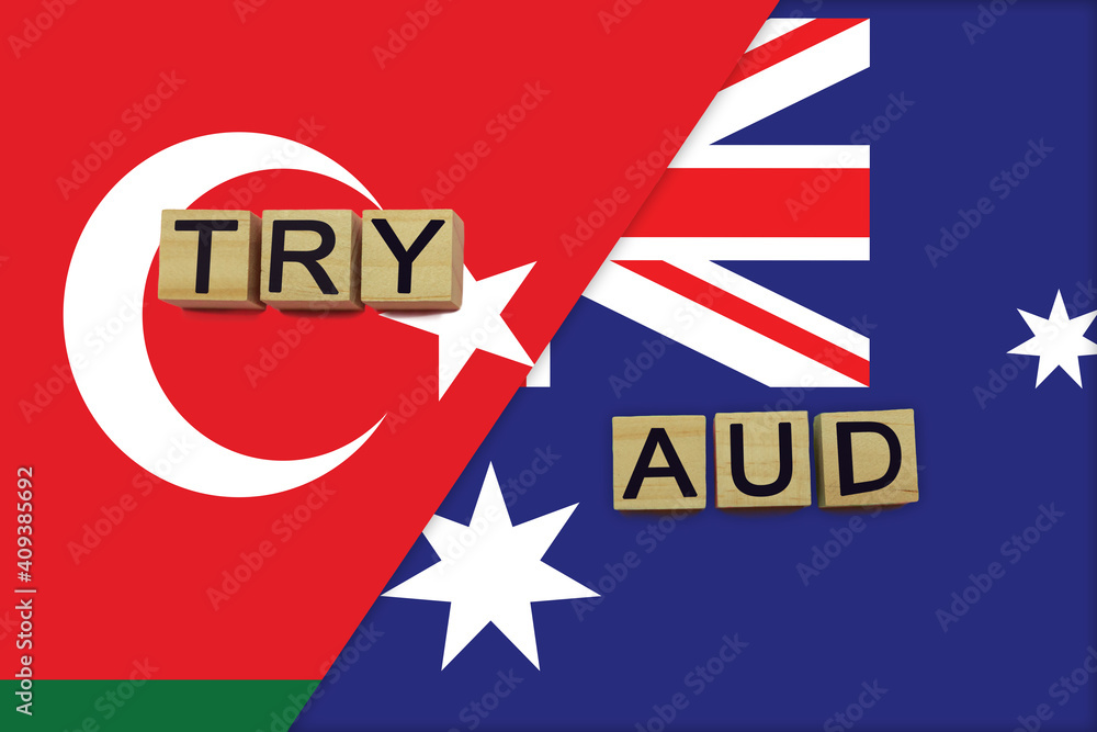 Turkey and Australia currencies codes on national flags background