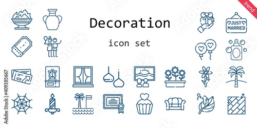 decoration icon set. line icon style. decoration related icons such as gift, canvas, flowers, sofa, balloon, just married, ticket, birch, certificate, vase