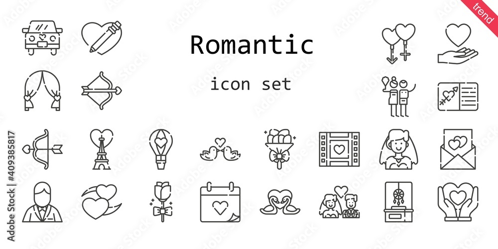 romantic icon set. line icon style. romantic related icons such as bride, eiffel tower, love, dreamcatcher, groom, couple, birch, wedding day, bouquet, wedding video, heart, swans