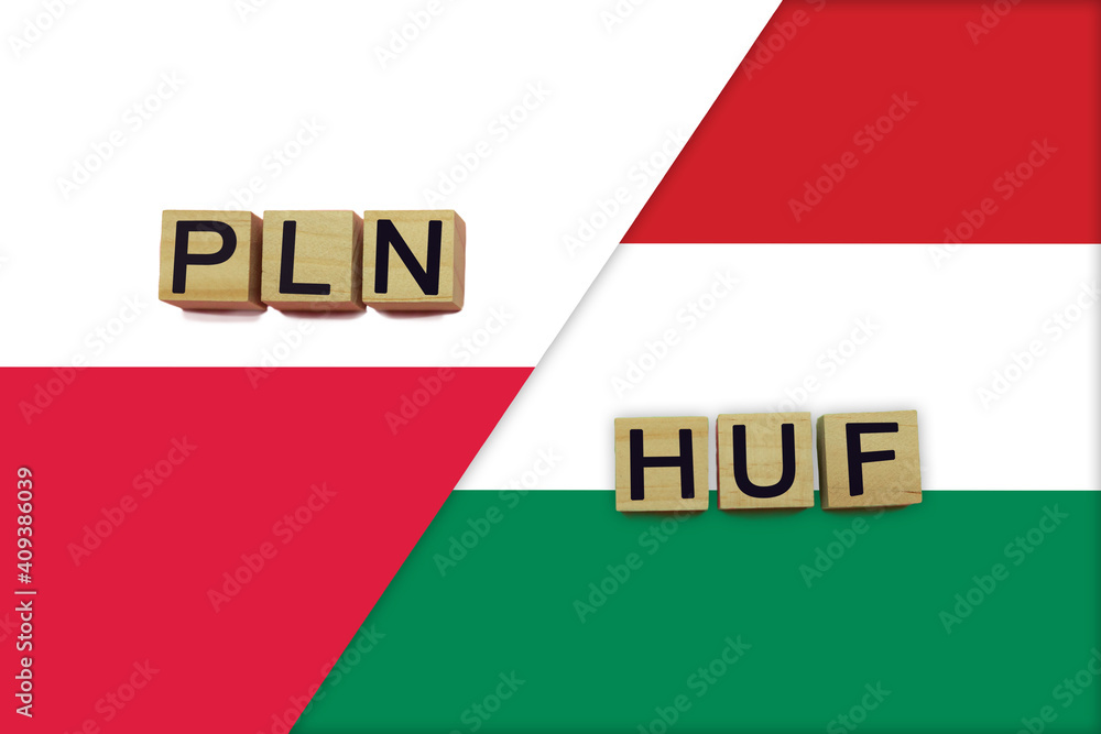 Poland and Hungary currencies codes on national flags background