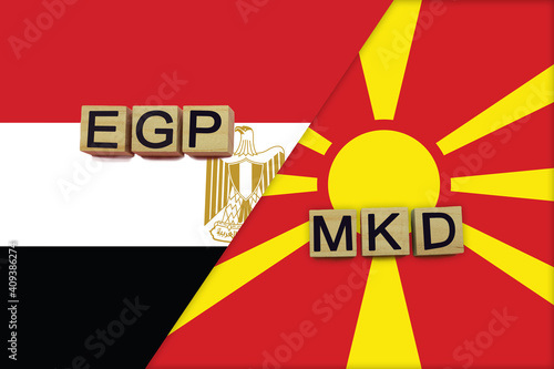 Egypt and Macedonia currencies codes on national flags background photo